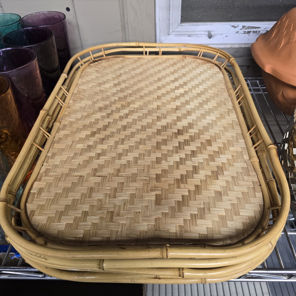 Vintage 1960s-70s Boho Tiki Bamboo Rattan Tray Set of 5